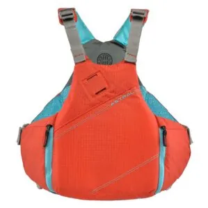Astral YTV life jacket in hot coral with yellow liner and trim front view. Available at Riverbound Sports in Tempe, Arizona.