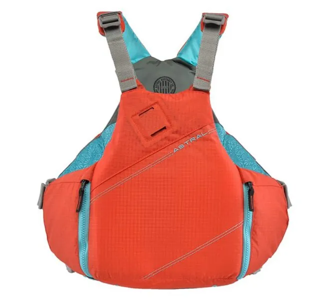 Astral YTV life jacket in hot coral with yellow liner and trim front view. Available at Riverbound Sports in Tempe, Arizona.