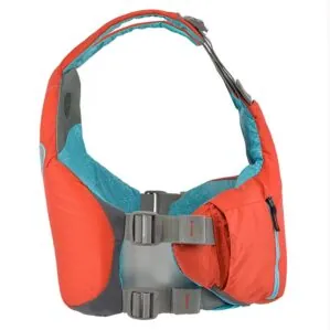 Astral YTV life jacket in hot coral with yellow liner and trim side view. Available at Riverbound Sports in Tempe, Arizona.