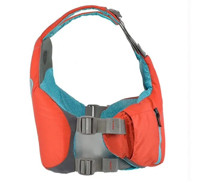 Astral YTV life jacket in hot coral with yellow liner and trim side view. Available at Riverbound Sports in Tempe, Arizona.