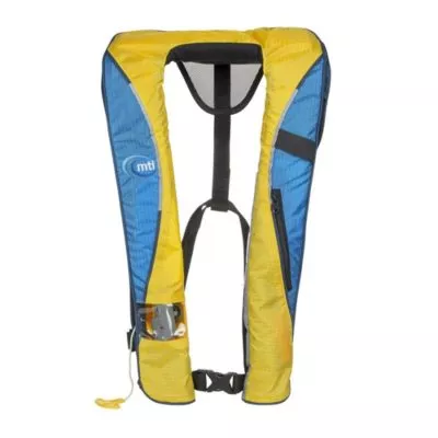 MTI Helios 2.0 turquoise and yellow inflatable life jacket available at Riverbound Sports in Tempe, Arizona.