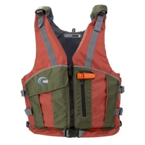 The MTI Reflex life jacket in copper with dark green trim front view.