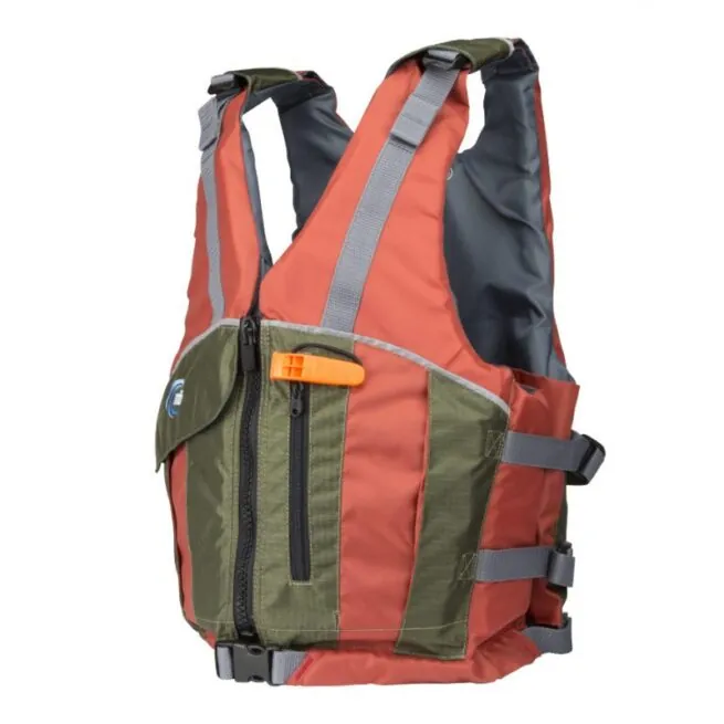 The MTI Reflex life jacket in copper with dark green trim side view.
