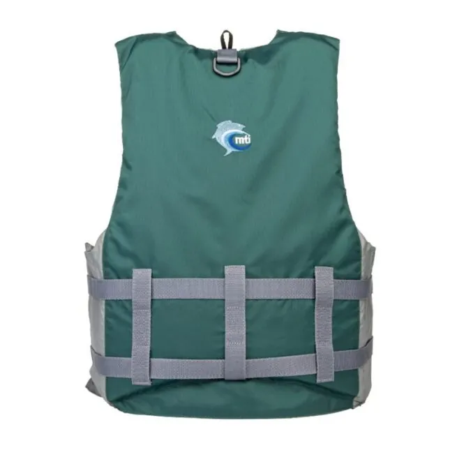 MTI Striker life jacket designed for anglers in green and grey back view.