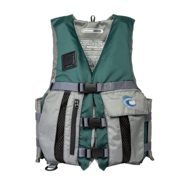 MTI Striker life jacket designed for anglers in green and grey front view.