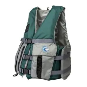 MTI Striker life jacket designed for anglers in green and grey side view.