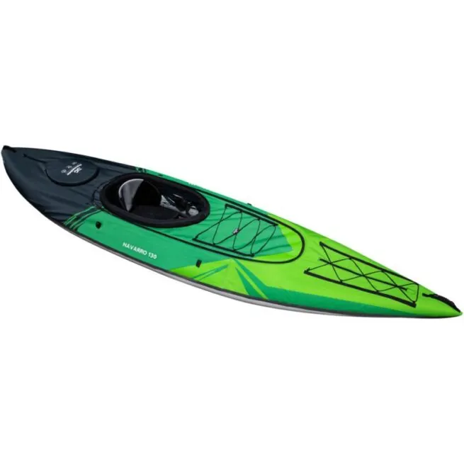 The Navarro 130 inflatable Aquaglide kayak top view with optional skirt.