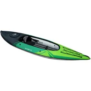 The Navarro 130 inflatable Aquaglide kayak top view with no skirt.