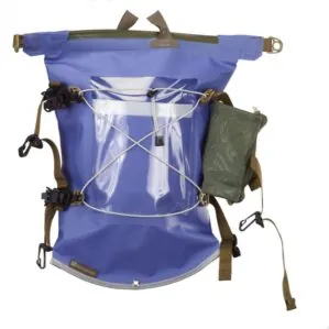 Watershed Aleutian deck bag style drybag in blue with coyote colored straps top view available at Riverbound Sports in Tempe, Arizona.
