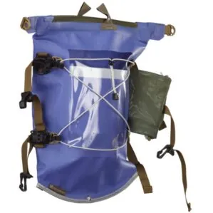 Watershed Aleutian deck bag style drybag in blue with coyote colored straps side view available at Riverbound Sports in Tempe, Arizona.