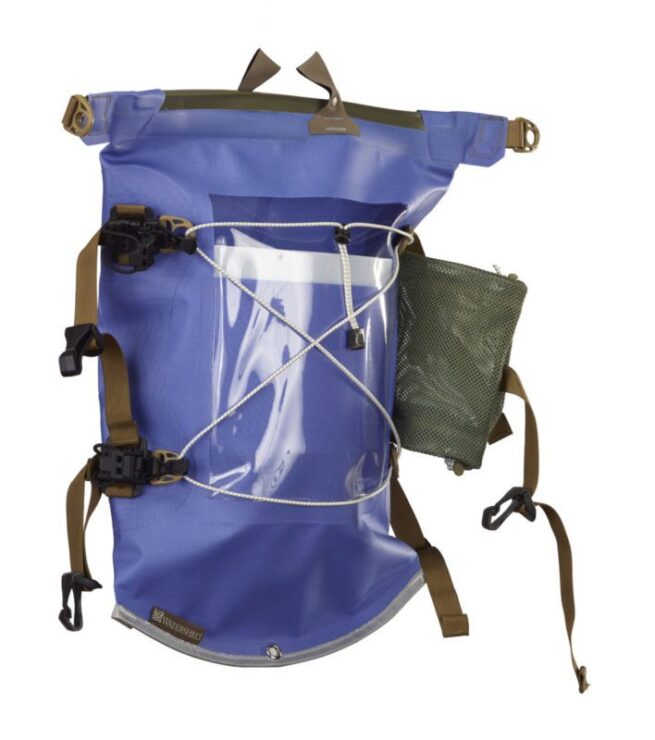 Watershed Aleutian deck bag style drybag in blue with coyote colored straps side view available at Riverbound Sports in Tempe, Arizona.