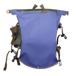 Watershed Aleutian deck bag style drybag in blue with coyote colored straps bottom view available at Riverbound Sports in Tempe, Arizona.