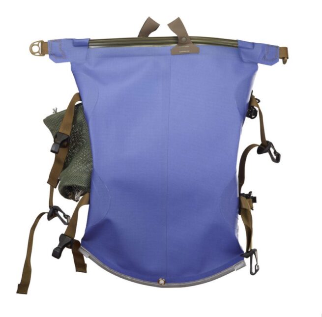 Watershed Aleutian deck bag style drybag in blue with coyote colored straps bottom view available at Riverbound Sports in Tempe, Arizona.