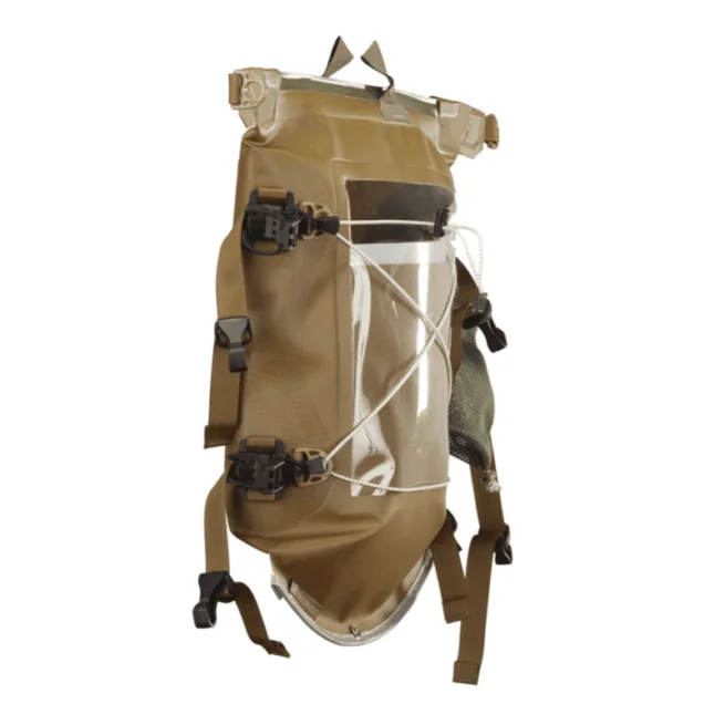 Watershed Aleutian deck bag style drybag in coyote with coyote colored straps side view available at Riverbound Sports in Tempe, Arizona.