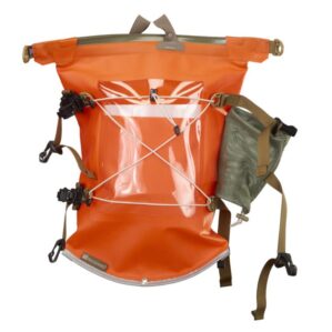 Watershed Aleutian deck bag style drybag in orange with coyote colored straps top view available at Riverbound Sports in Tempe, Arizona.