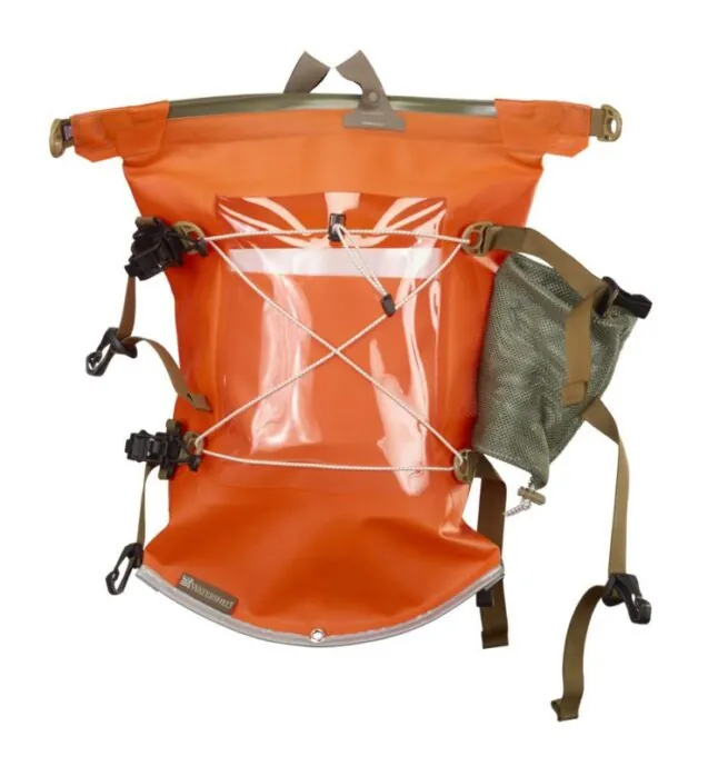 Watershed Aleutian deck bag style drybag in orange with coyote colored straps top view available at Riverbound Sports in Tempe, Arizona.