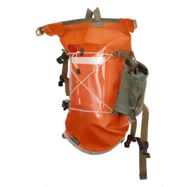 Watershed Aleutian deck bag style drybag in orange with coyote colored straps available at Riverbound Sports in Tempe, Arizona.