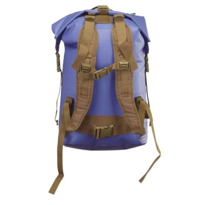 Watershed Animas backpack style drybag in blue with coyote colored straps back straps view available at Riverbound Sports in Tempe, Arizona.