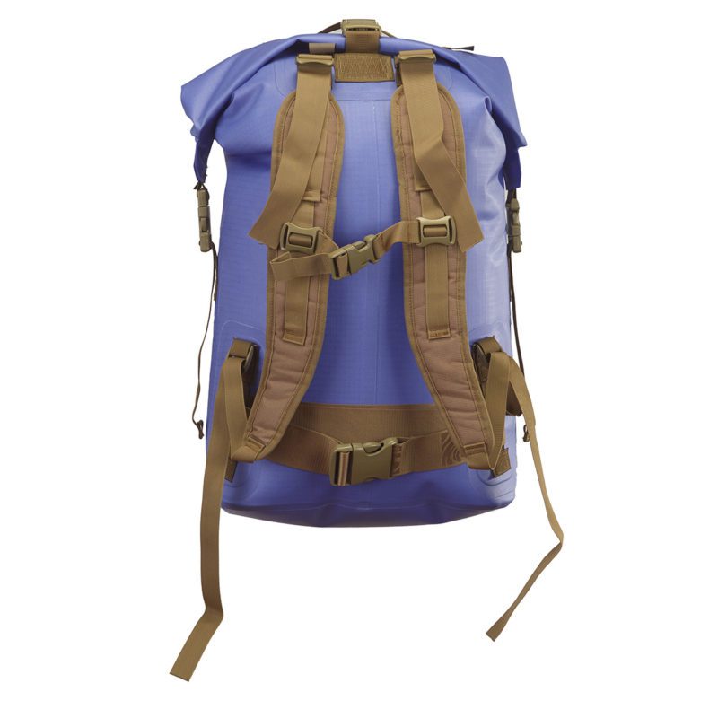 Watershed Animas backpack style drybag in blue with coyote colored straps back straps view available at Riverbound Sports in Tempe, Arizona.