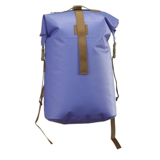 Watershed Animas backpack style drybag in blue with coyote colored straps front view available at Riverbound Sports in Tempe, Arizona.