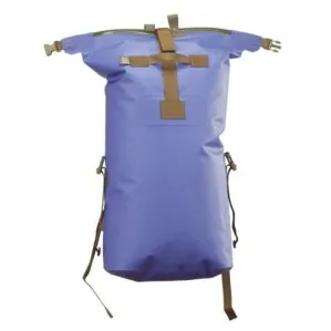 Watershed Animas backpack style drybag in blue with coyote colored straps front unrolled view available at Riverbound Sports in Tempe, Arizona.