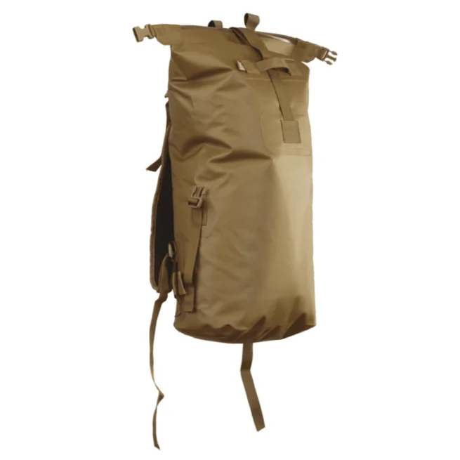 Watershed Animas backpack style drybag in coyote with coyote colored straps side view available at Riverbound Sports in Tempe, Arizona.