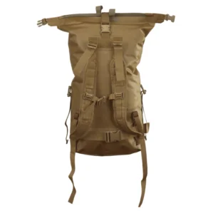 Watershed Animas backpack style drybag in coyote with coyote colored straps unrolled view available at Riverbound Sports in Tempe, Arizona.