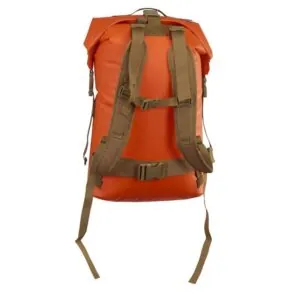 Watershed Animas backpack style drybag in orange with coyote colored straps back straps view available at Riverbound Sports in Tempe, Arizona.