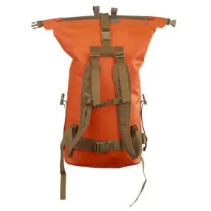 Watershed Animas backpack style drybag in orange with coyote colored straps front unrolled view available at Riverbound Sports in Tempe, Arizona.