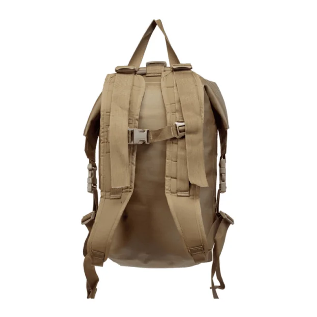 Watershed Big Creek backpack style drybag in coyote with coyote colored straps back straps view available at Riverbound Sports in Tempe, Arizona.