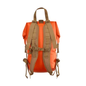 Watershed Big Creek backpack style drybag in orange with coyote colored straps back straps view available at Riverbound Sports in Tempe, Arizona.