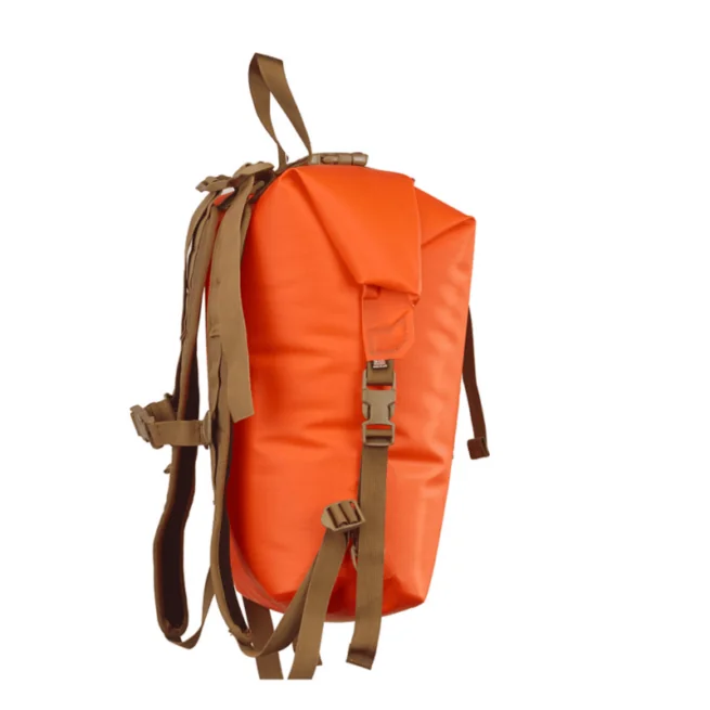 Watershed Big Creek backpack style drybag in orange with coyote colored straps front view available at Riverbound Sports in Tempe, Arizona.