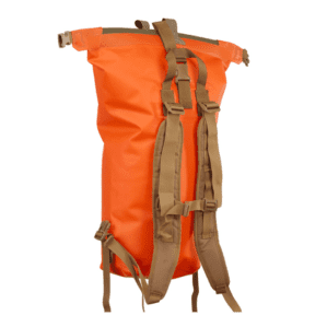 Watershed Big Creek backpack style drybag in orange with coyote colored straps back straps view available at Riverbound Sports in Tempe, Arizona.