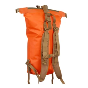 Watershed Big Creek backpack style drybag in orange with coyote colored straps back straps view available at Riverbound Sports in Tempe, Arizona.