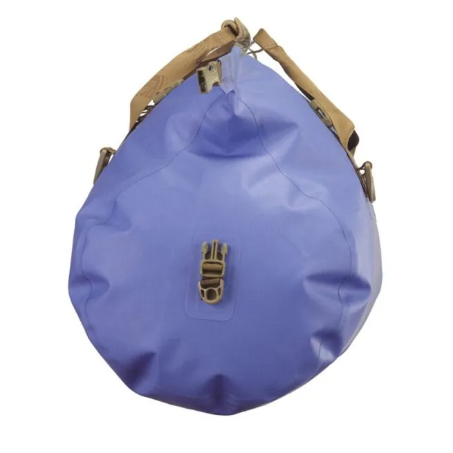 Side view of the Watershed Colorado blue with coyote colored straps Dry Bag available at Riverbound Sports Paddle Company.
