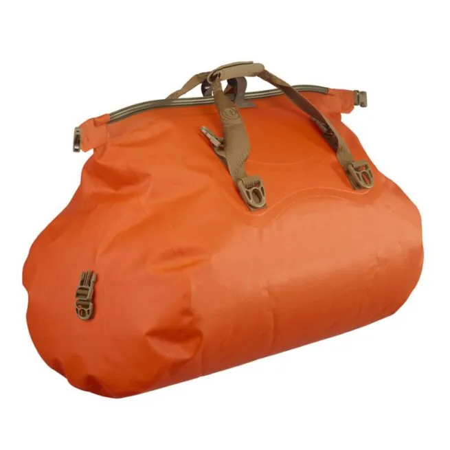 Side view of the Watershed Colorado orange with coyote colored straps Dry Bag available at Riverbound Sports Paddle Company.