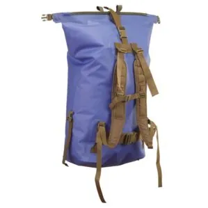 Watershed Westwater backpack style drybag in blue with coyote colored straps unrolled and available at Riverbound Sports in Tempe, Arizona.