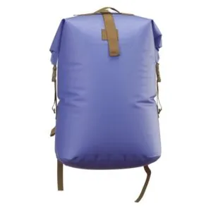 Front view of the Watershed Westwater backpack style drybag in blue with coyote colored straps available at Riverbound Sports in Tempe, Arizona.