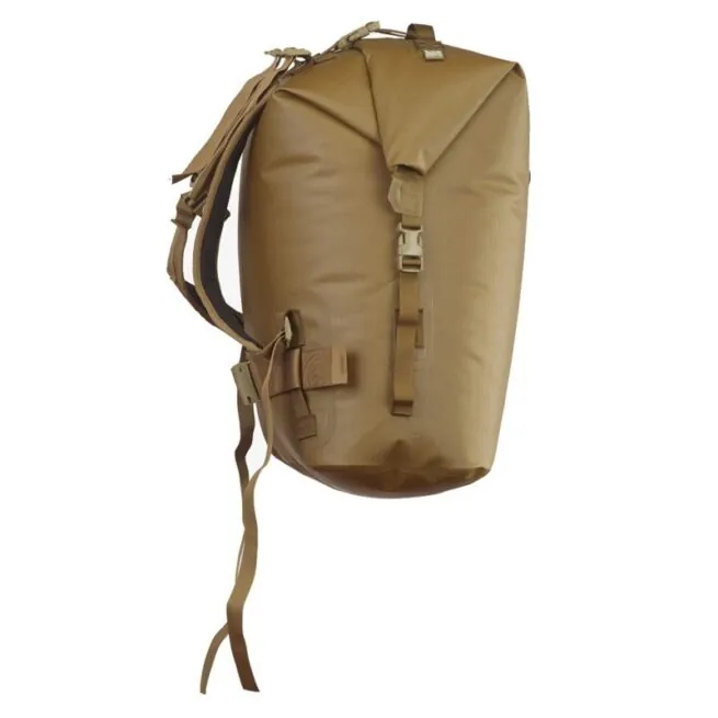 Side view of the Watershed Westwater backpack style drybag in coyote with coyote colored straps available at Riverbound Sports in Tempe, Arizona.