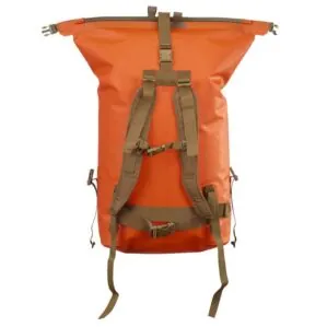 Watershed Westwater backpack style drybag in orange with coyote colored straps unrolled and available at Riverbound Sports in Tempe, Arizona.