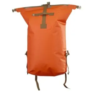 Front view of the Watershed Westwater backpack style drybag in orange with coyote colored straps available at Riverbound Sports in Tempe, Arizona.