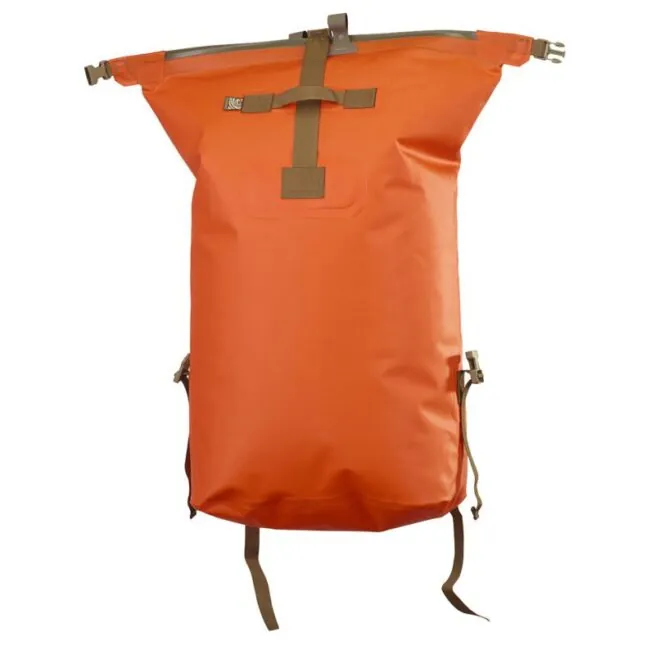 Front view of the Watershed Westwater backpack style drybag in orange with coyote colored straps available at Riverbound Sports in Tempe, Arizona.