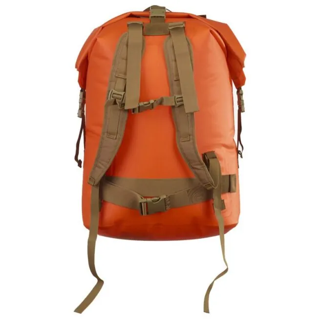 Watershed Westwater backpack style drybag in orange with coyote colored straps available at Riverbound Sports in Tempe, Arizona.
