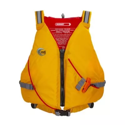 MTI Journey life jacket in mango front view at Riverbound Sports in Tempe, Arizona.