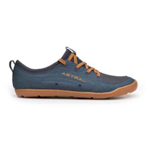 Astral Loyak men's water shoe in navy blue and brown outer side view.