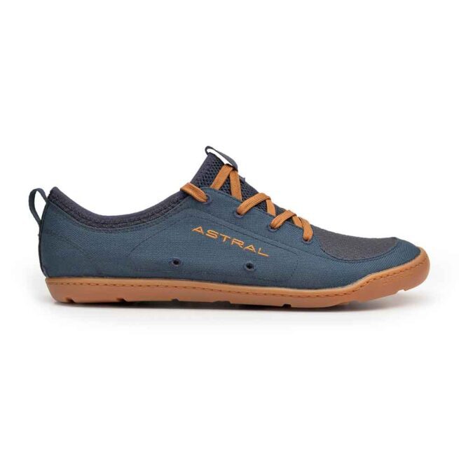 Astral Loyak men's water shoe in navy blue and brown outer side view.