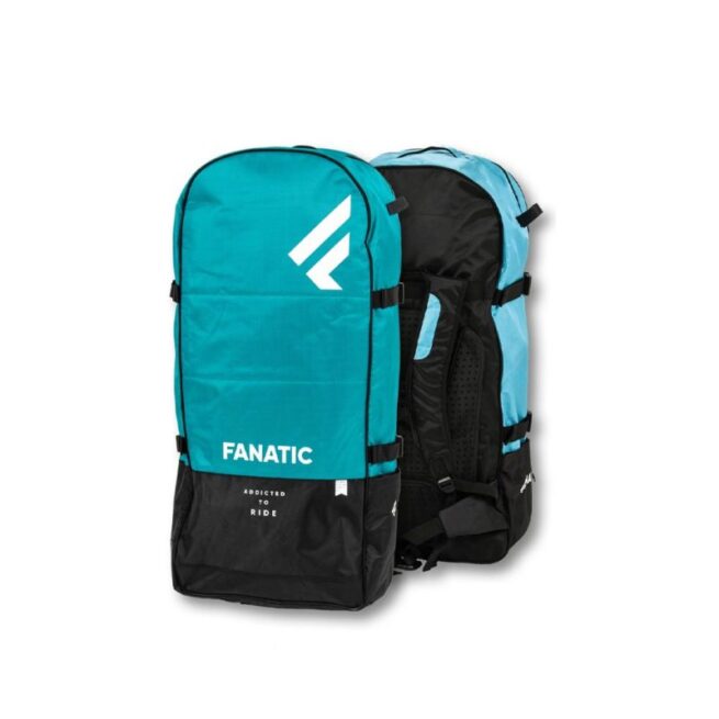 Fanatic SUP Inflatable paddleboard bag in teal and black. Front and back view.