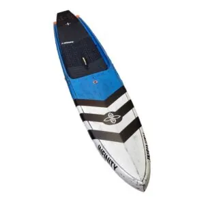 Top view of the new 2020 Infinity SUP Blackfish Dugout in blue with three lack stripes on the deck and black deckpad.
