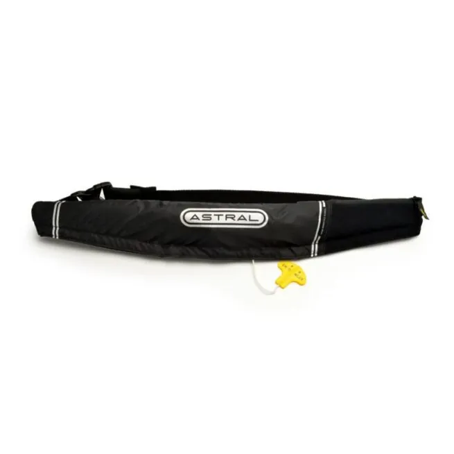 Astral Airbelt waist inflatable pfd in black with small side pocket.