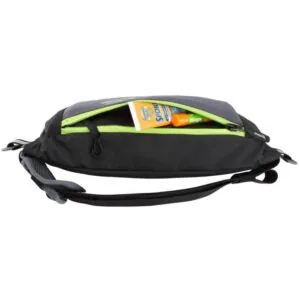 The NRS Zephyr waist pfd in bright green and black showing the zipable pocket.